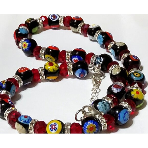 Multicolor Millefiori & Red Crystal Beaded Necklace With Rhinestone Spacers And - Picture 2 of 6